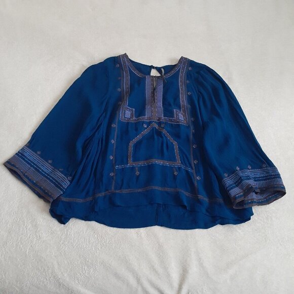 Twelfth Street by Cynthia Vincent Women's Size M Dark Blue Embroidered Boho Top - Picture 4 of 16